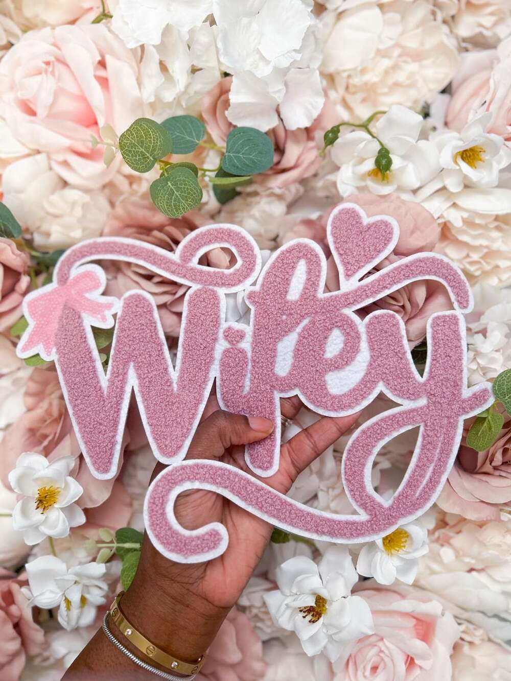 Wifey Pink Chenille Iron-On Patch, bridal shower patch